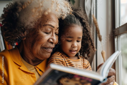 Family smile, grandmother and child reading, homework, and bonding with babysitter senior woman. Knowledge, pleasure, grandma stories, help youth kid study at home