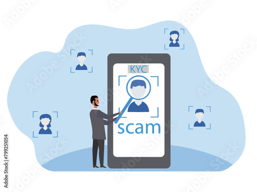 E-KYC verifying the identity of its clients using bio metric identification scanning face and fingerprint recognition. flat vector illustrator.