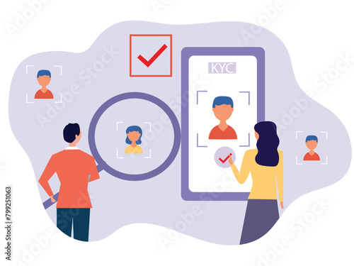 E-KYC verifying the identity of its clients using bio metric identification scanning face and fingerprint recognition. flat vector illustrator.