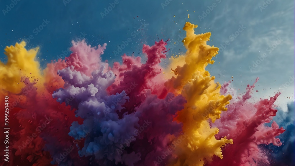 Colors splashed in the air, yellow, white, blue, red, pink, purple and magenta colors