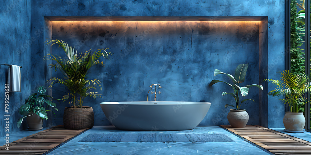 Luxurious Bathroom Oasis - Deep Blue Accents and Minimalist Design Luxurious Bathroom Oasis - Deep Blue Accents and Minimalist Design