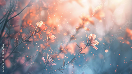 Subtle peach particles floating gently against a misty, blurred scene, imbuing the atmosphere with delicate warmth. photo