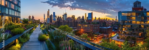 Highline Twilight Panoramic View of Illuminated City Skyline with High-rises and Modern photo