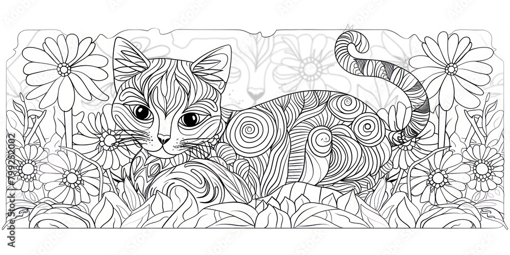 Fototapeta Anti-stress coloring book page featuring a detailed sketch of a cat on a white background.