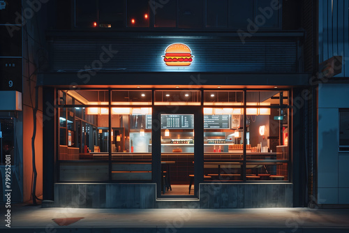 Exterior of a burger bar. burger restaturant at night time. 