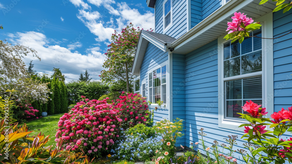 Broad view across a blooming front garden of a sky blue house with siding, enhancing the beauty and tranquility of suburban living, under a sunny sky.