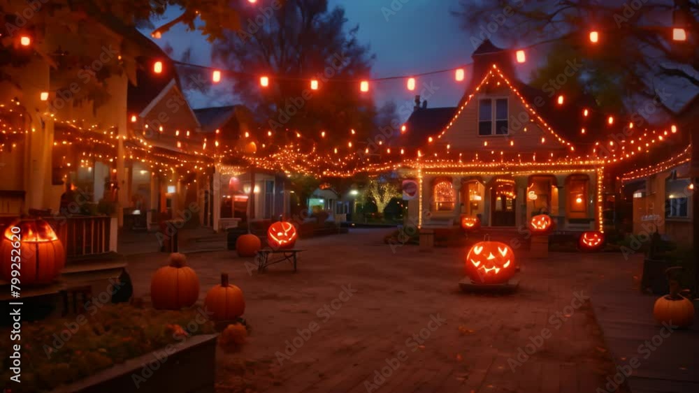 A bustling street illuminated with colorful lights and adorned with numerous pumpkins, Victorian era town square lit by pumpkin lanterns A bustling street illuminated with colorful lights and adorned with numerous pumpkins, Victorian era town square lit by pumpkin lanterns
