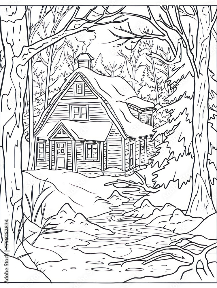 Intricate sketch of a house in the woods on a relaxing adult coloring book.