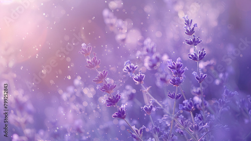 Soothing lavender particles swirling gently in a serene, blurred background, inducing a feeling of relaxation and calm. photo