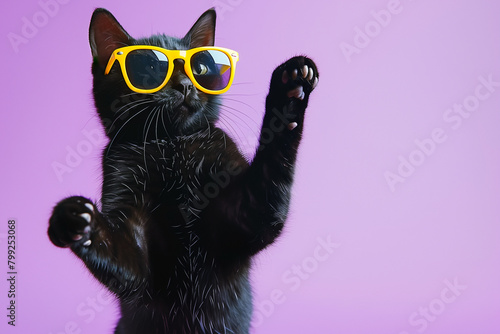 Playful Black Cat with Yellow Glasses on Purple Studio Background