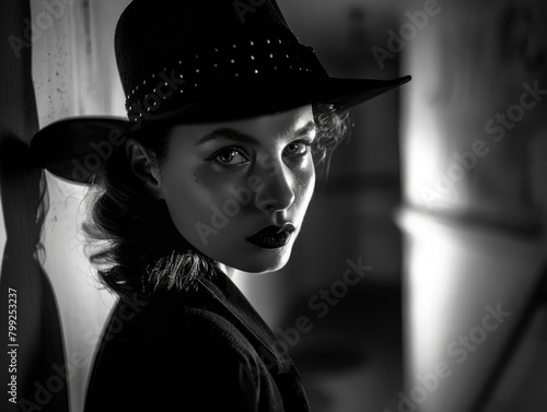 Black and White Film Noir Look of Woman Model/Actress: Portrait of a Femme Fatale