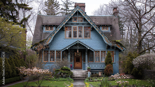 Directly in front view of a periwinkle blue craftsman cottage with a mansard roof adorned with intricate details, during an early spring morning, capturing the fresh, hopeful essence of the season.