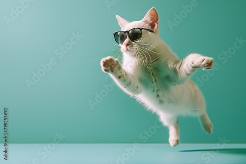 Playful White Fluffy Cat with Black Glasses on Turquoise Studio Background