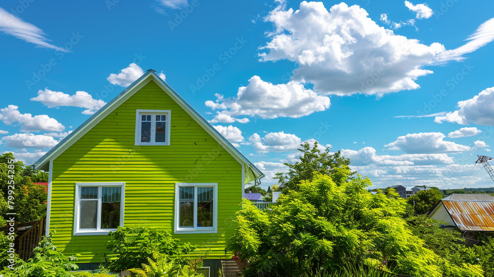 From a distant viewpoint, the vibrant lime green house with siding stands out against the bright blue sky, surrounded by lush greenery in the suburban neighborhood, 