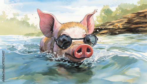 Compose a story about a little pig who is afraid of water but learns to swim during a summer camp adventure photo