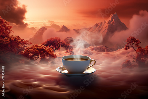 Compose a visual of swirling steam rising from a hot beverage in a serene morning setting