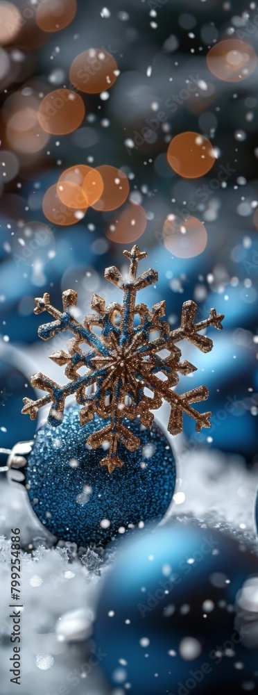 Fototapeta premium Enchanting Winter Wonderland with Christmas Decorations and Sparkling Snowflakes,Winter snow background with Christmas toys, snowdrifts, beautiful lights and snowflakes on night blue sky, banner forma