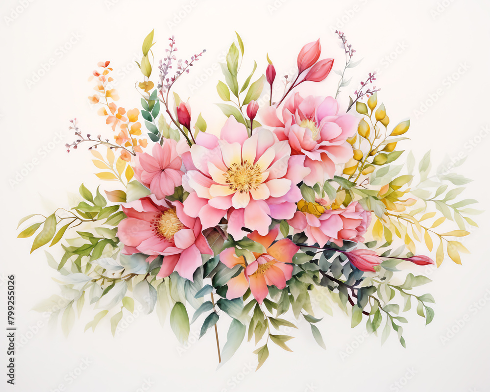 Illustrate a collection of delicate floral arrangements using only pastel watercolors for a spring art exhibit