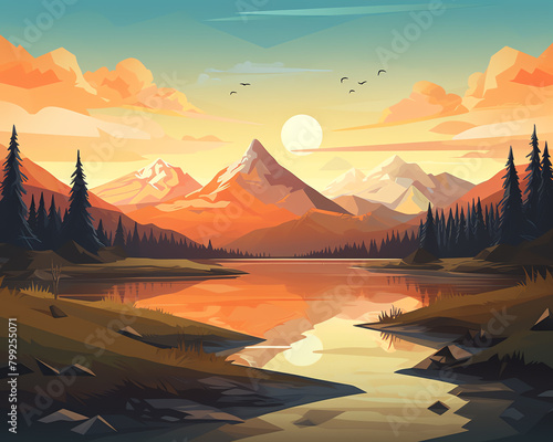 Illustrate a geometric landscape scene  where natural elements like mountains and rivers are simplified into angular forms