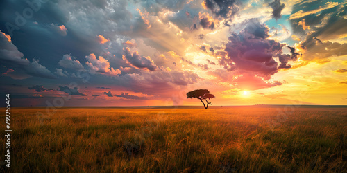 A solitary tree stands in a field during sunset, creating a serene and picturesque scene.