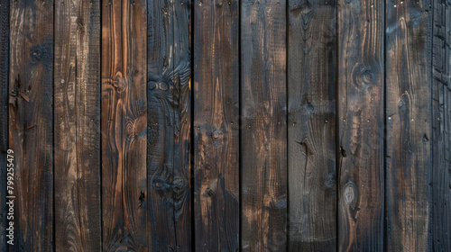 Close-up of a dark stained wooden plank wall with detailed wood grain textures