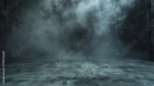 Moody, atmospheric shot of fog rolling through an empty, dark alley with industrial walls
