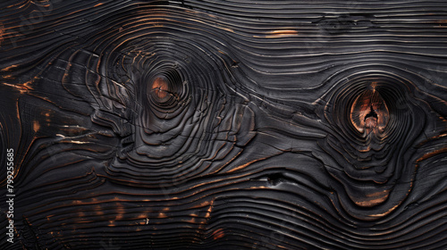 Detailed view of a burnt wooden texture with natural patterns photo