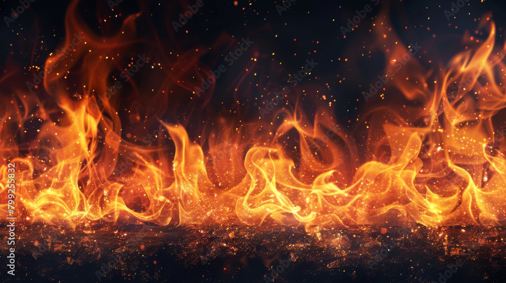 Majestic and vibrant fire with flying sparks on a dark backdrop Majestic and vibrant fire with flying sparks on a dark backdrop