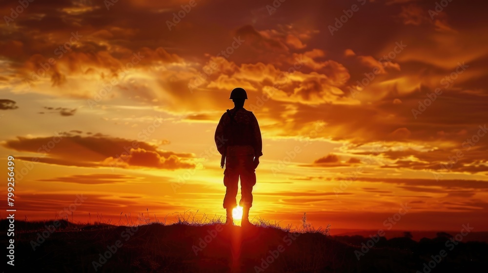 Anzac Day Sunrise: Soldier Silhouette Standing with Freedom and Love, Sky in Stunning Sun Silhouette