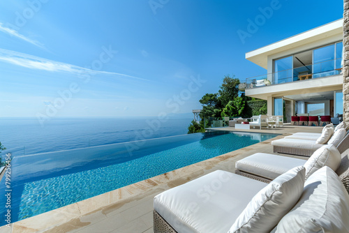 Lavish seaside holiday villa with a large terrace and infinity pool, featuring modern furnishings and panoramic views of the ocean.