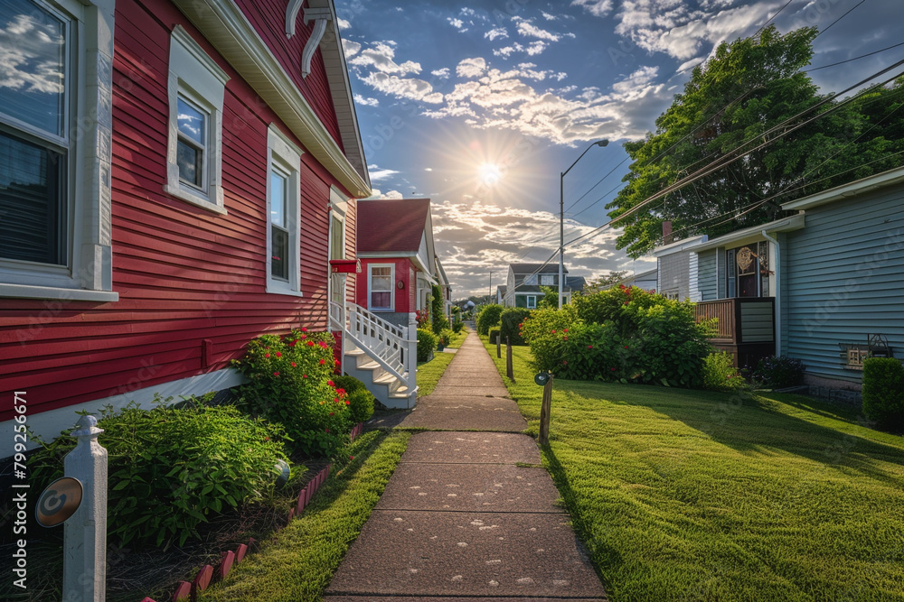 Looking down the sidewalk leading to a radiant ruby house with siding, its path lined with suburban greenery, under a brilliant sky.