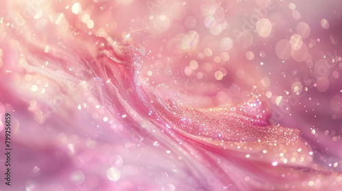 Soft pink glitter swirls delicately amidst a blurred backdrop, evoking a sense of whimsical charm and feminine elegance.