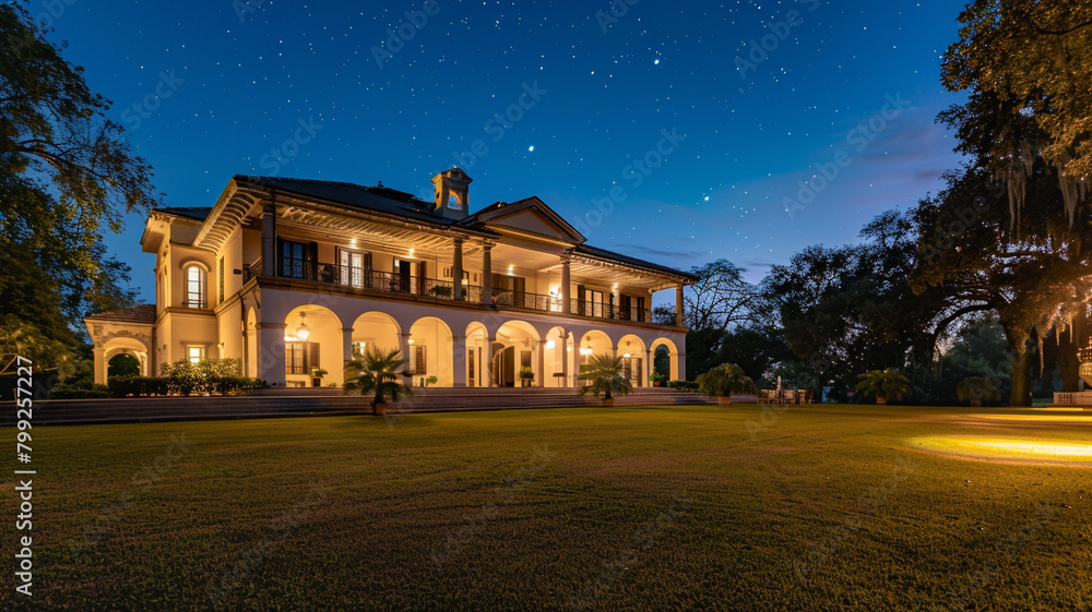 Regal residence with a front yard theater for private viewing, under a starlit clear night.