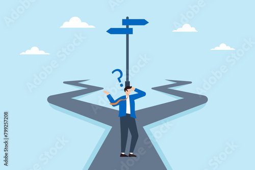 Businessman thinking between two directions with question mark. Concept of decision making in face of uncertainty, process of choosing between two options, and navigating difficult situations