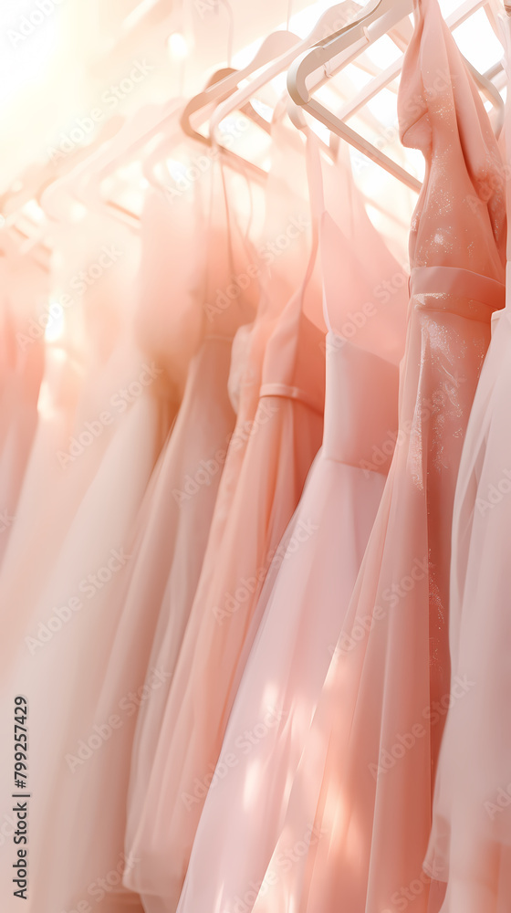 A row of wedding dresses hanging on the lingerie rack in the store A row of wedding dresses hanging on the lingerie rack in the store