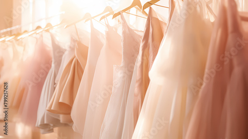 A row of wedding dresses hanging on the lingerie rack in the store