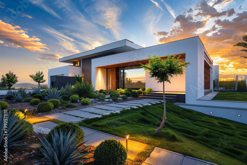 Chic modern house with a minimalist approach to its landscaped neat front yard.