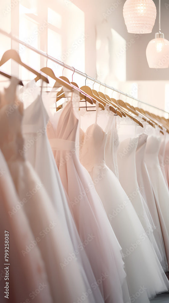 A row of wedding dresses hanging on the lingerie rack in the store A row of wedding dresses hanging on the lingerie rack in the store
