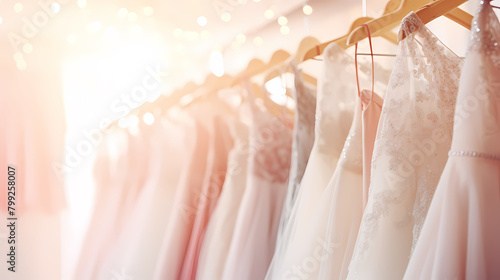 A row of wedding dresses hanging on the lingerie rack in the store