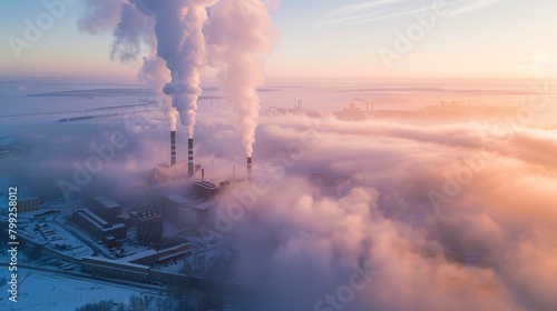 Aerial view of a power plant with smokestacks emitting thick clouds of steam above the foggy winter landscape at dawn photo