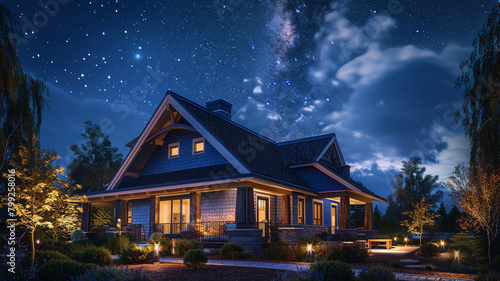 Night perspective of an electric blue craftsman cottage with a contemporary edge roof, under a starry sky, the home illuminated by landscape lighting, 