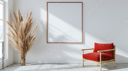 Modern interior with red armchair, decorative plants, and empty frame by a large window. Clean minimalistic design mockup with place for text. Contemporary living space concept. Design for poster, ban