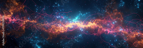 Ultra-wide display of a digital nebula, composed of vibrant particles and energetic connections. photo