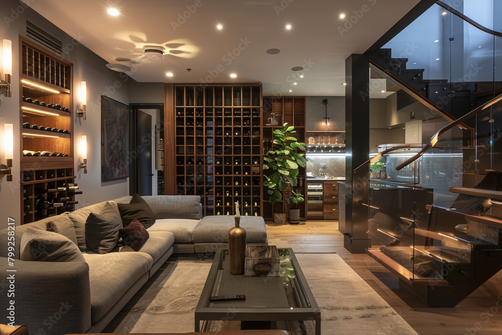 Open concept living area in a luxury duplex with a custom-built wine rack, ambient lighting, and a stylish seating arrangement.