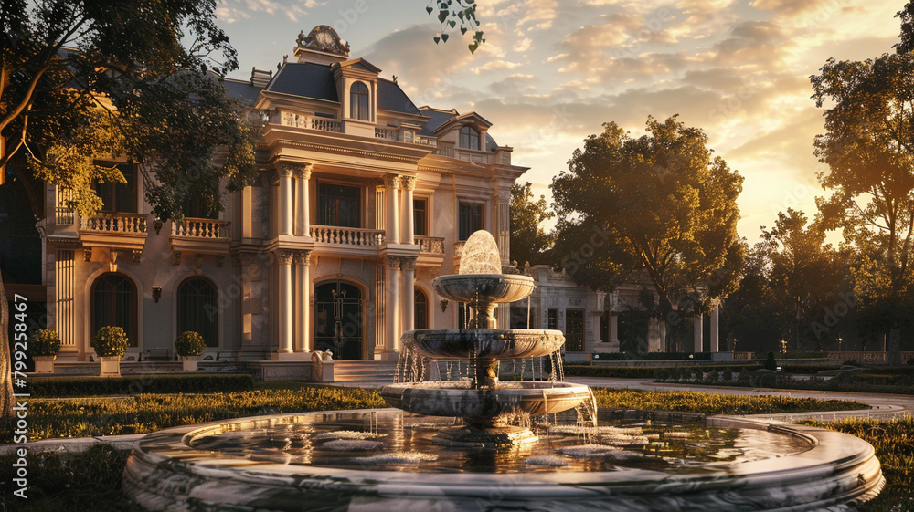 Mansion with a majestic front yard marble fountain bathed in the early golden sunlight.