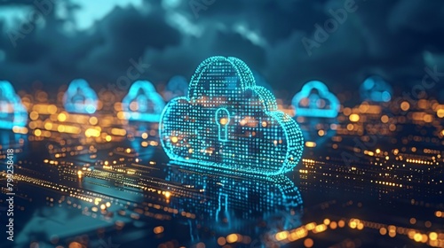 Blue digital locks securing data in a virtual cloud storage illustration