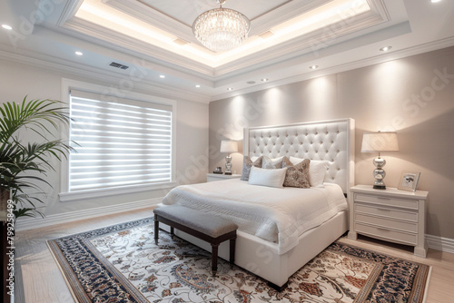 Opulent white master bedroom with a dramatic tray ceiling, ambient cove lighting, and a sophisticated area rug. photo