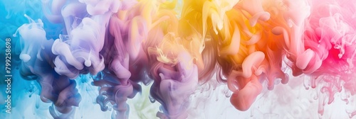 Closeup of colorful smoke in water against a bright color background  with colorful ink of rainbow