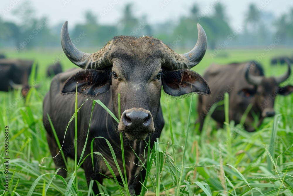 Fototapeta premium Water Buffalo grazing in the fields of Isan, Thailand. A beautiful display of nature and agriculture