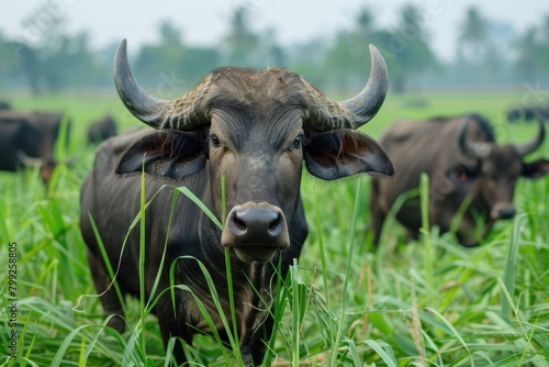 Water Buffalo grazing in the fields of Isan, Thailand. A beautiful display of nature and agriculture